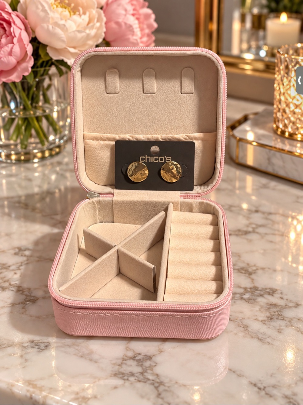 Pink Travel Jewelry Organizer Case w/ Chico’s earrings